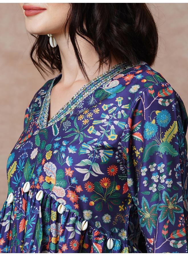 Globus Women Embroidered V-Neck Printed Faux Shell A-Line Alia Cut Tunic & Trousers Festive Co-Ord Set - Image 5